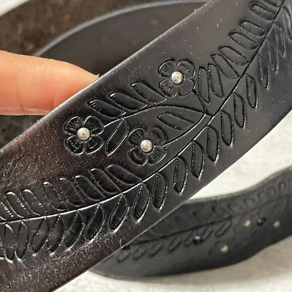 Fossil Tooled Brown Leather Waist Belt Two Tone Oval Floral Buckle Women\'s Large main image 7